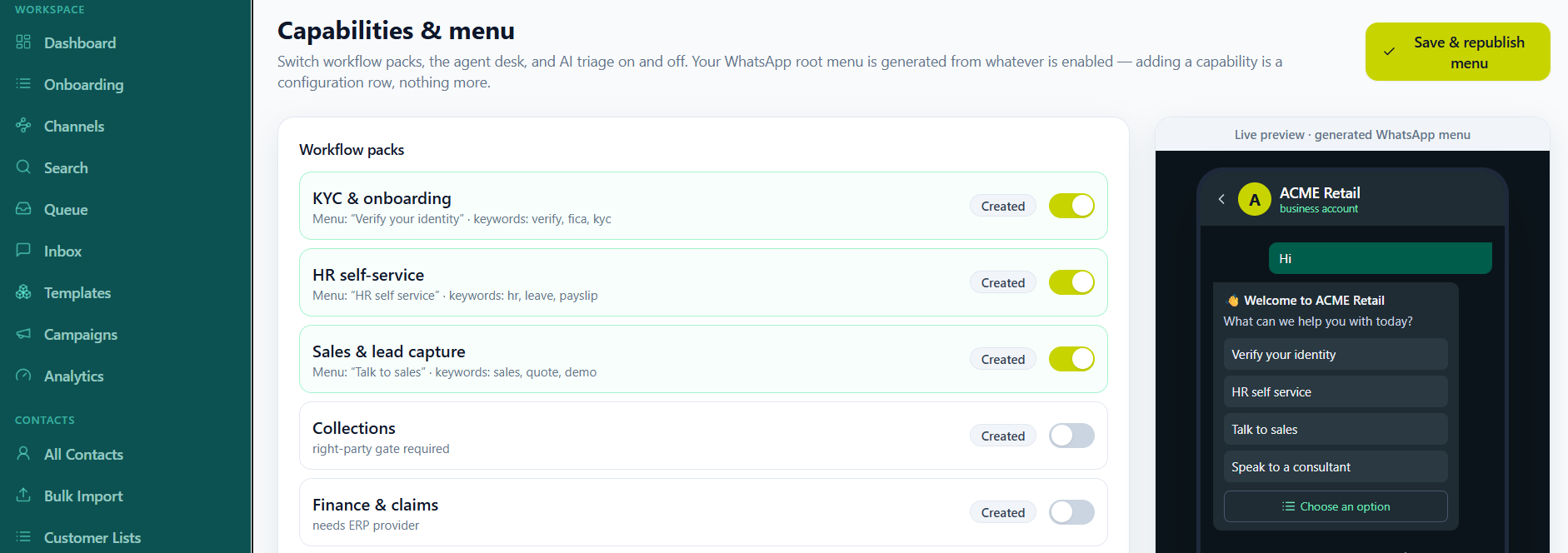 OmniLink conversation bot configuration screen with a live preview of the generated WhatsApp menu