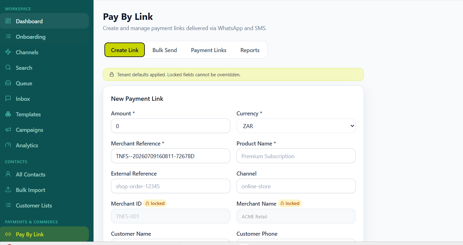 OmniLink Pay by Link form for creating a payment link with tenant-locked merchant defaults