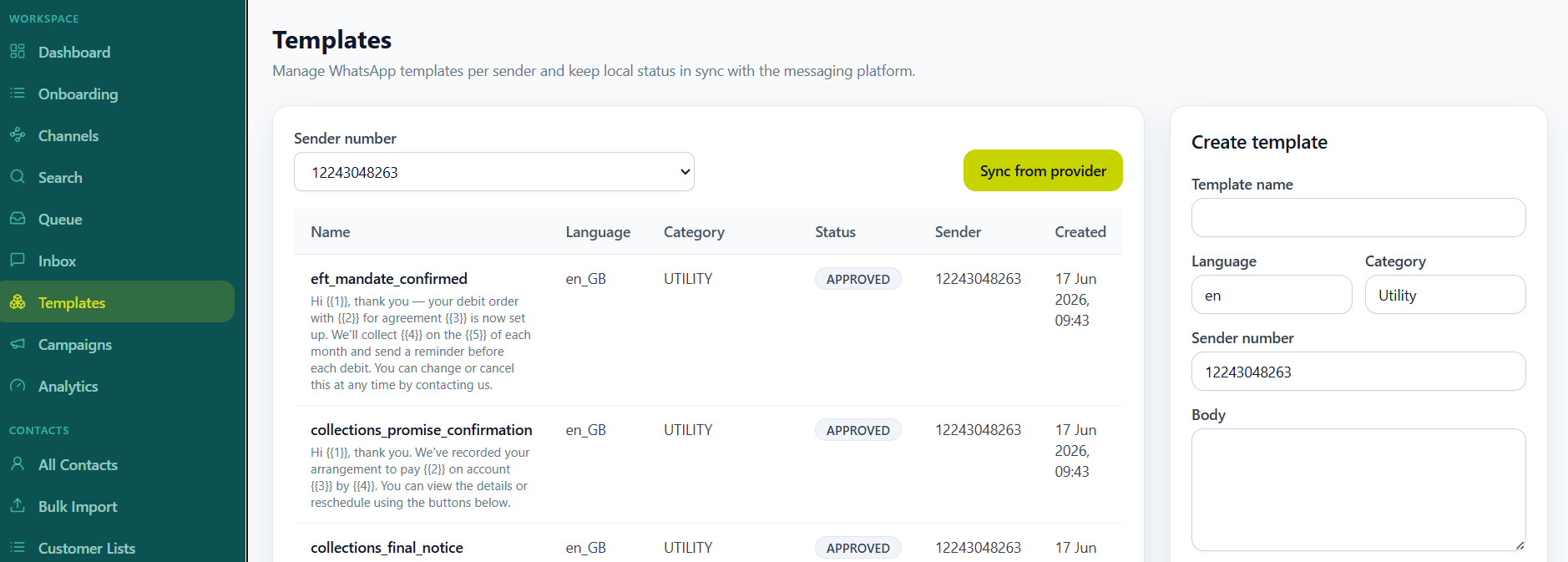 OmniLink WhatsApp template manager showing approved message templates
